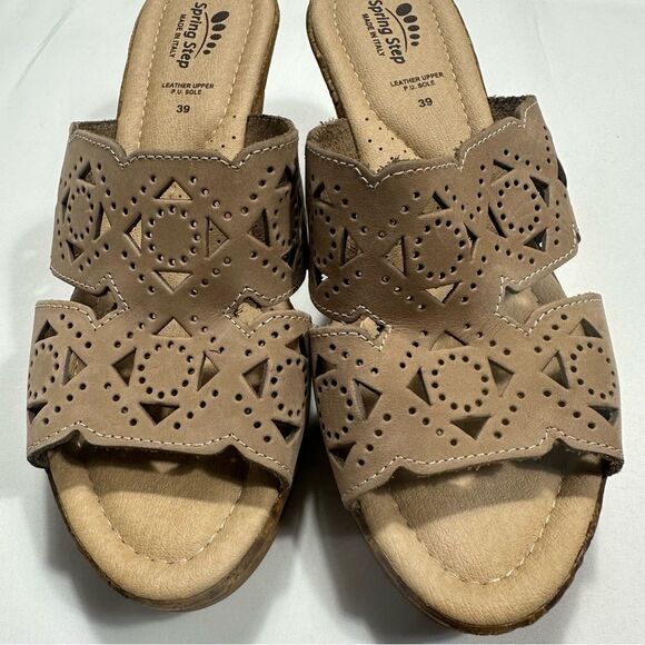 Spring Step Womens Flamyo Slide Italian Leather Cutout Beige Wedge Sandals EU 39 - Picture 7 of 11